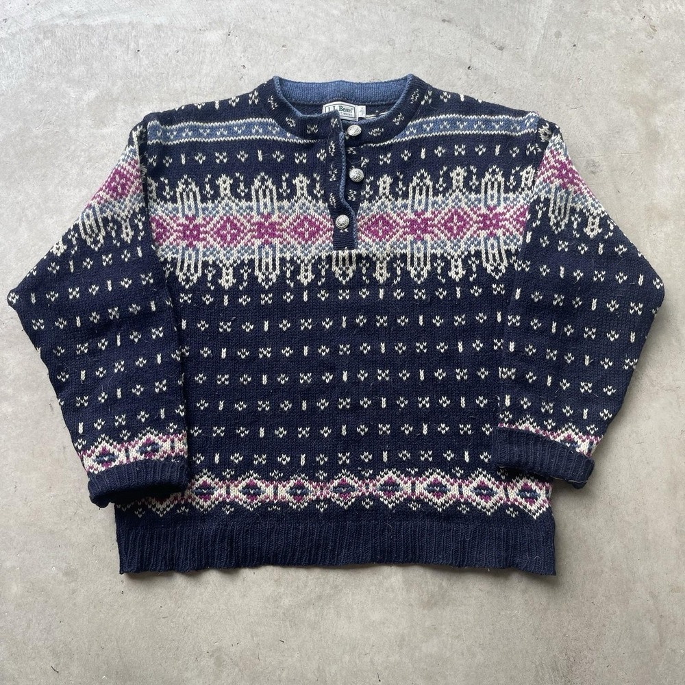 Vintage L.L. Bean Heavy Wool Fair Isle Nordic Henley Sweater Size L Norway 90s